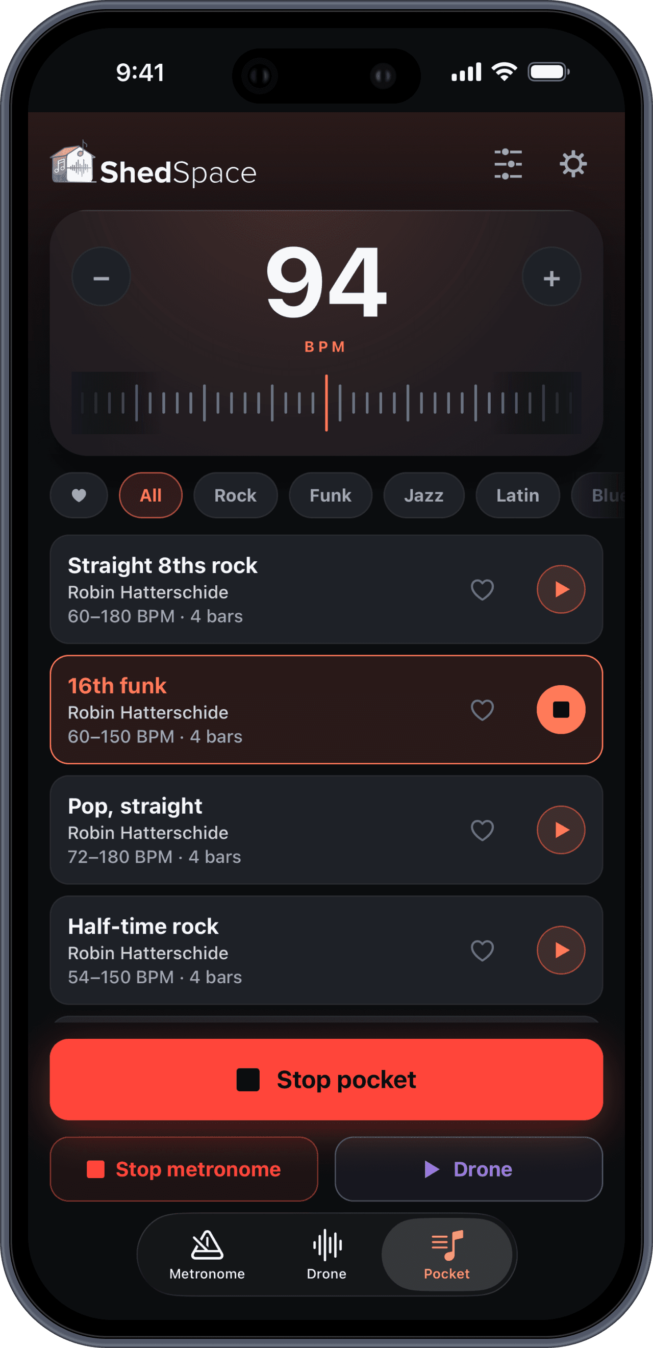 Pocket, the drummer, running in the ShedSpace app at 94 BPM