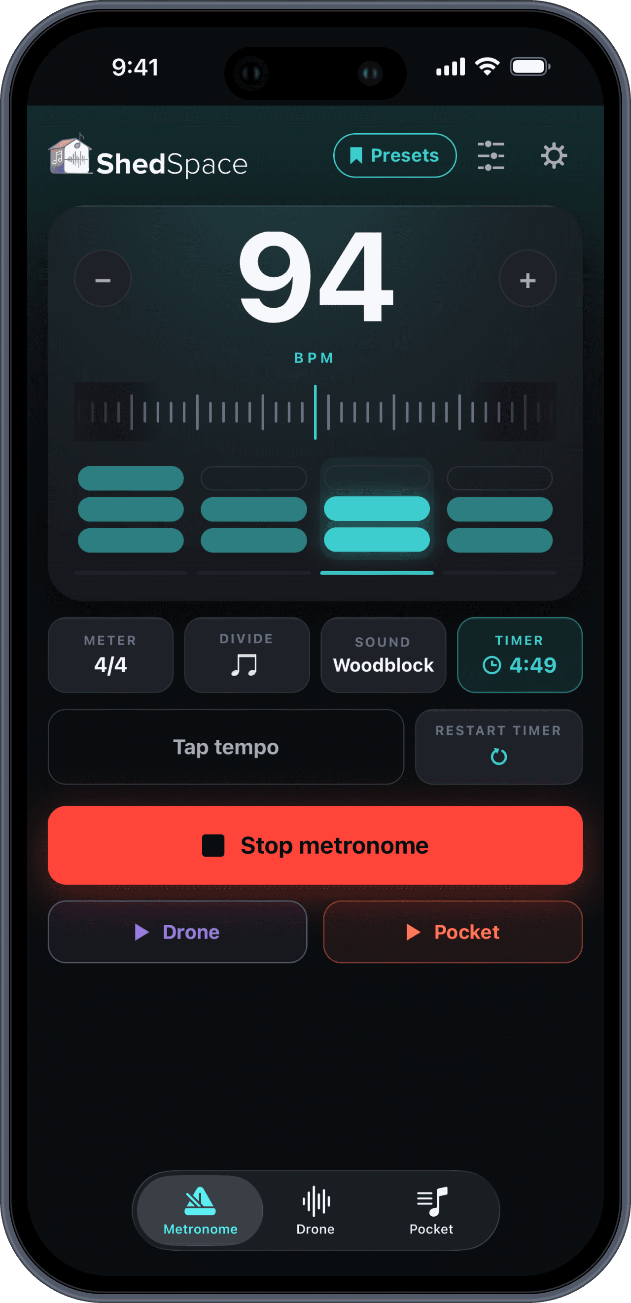 The ShedSpace metronome on iPhone