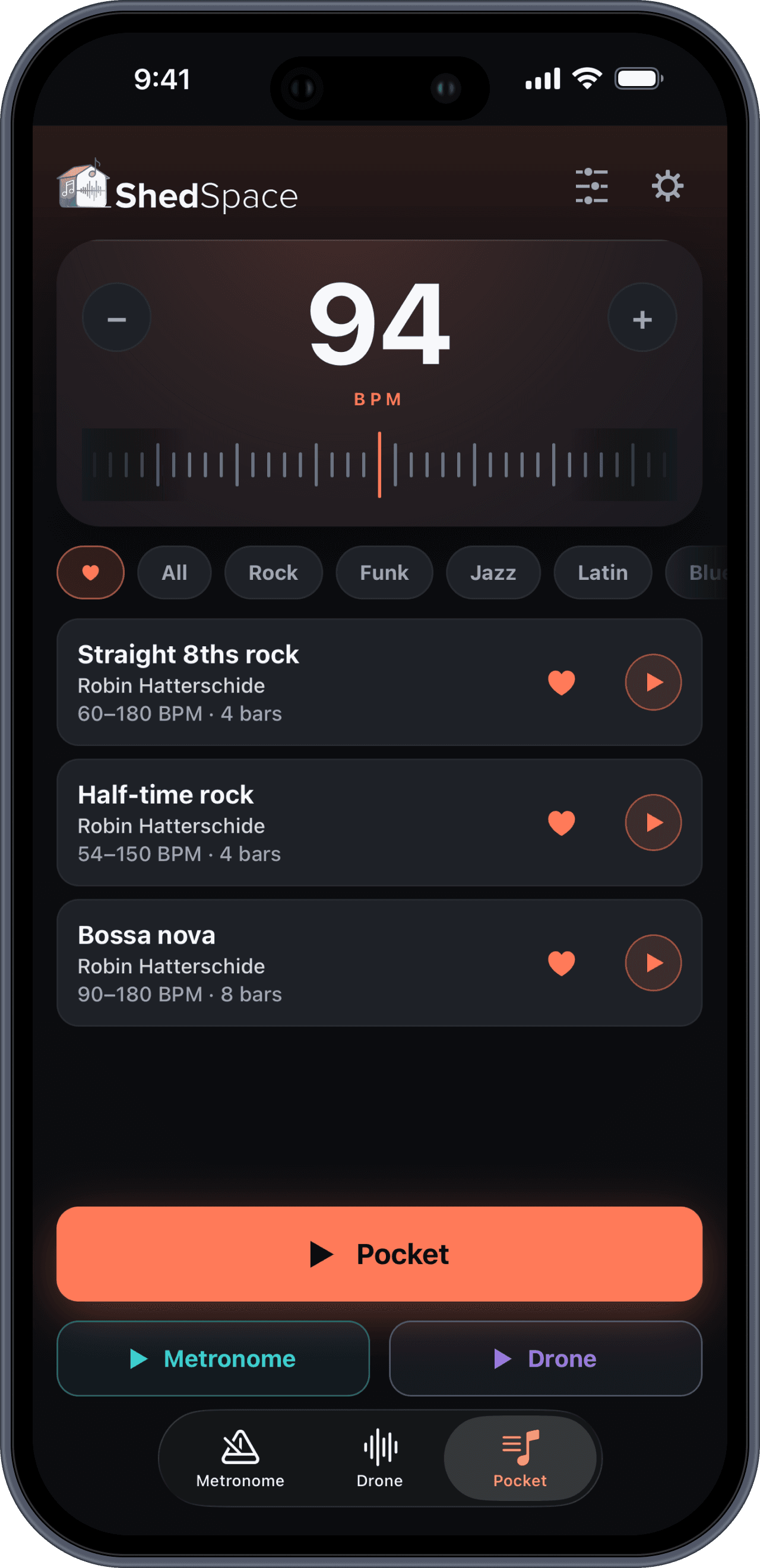 Pocket, the drummer, in the ShedSpace app